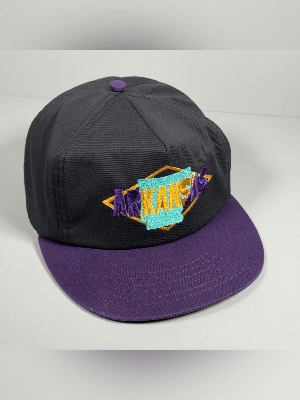 Vintage 90s Arkansas State Snapback Hat Cap Made in USA Black Purple Union Made